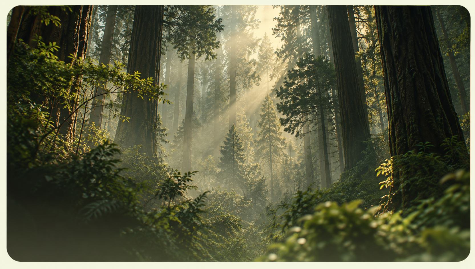 Floresta iluminada por raios de sol