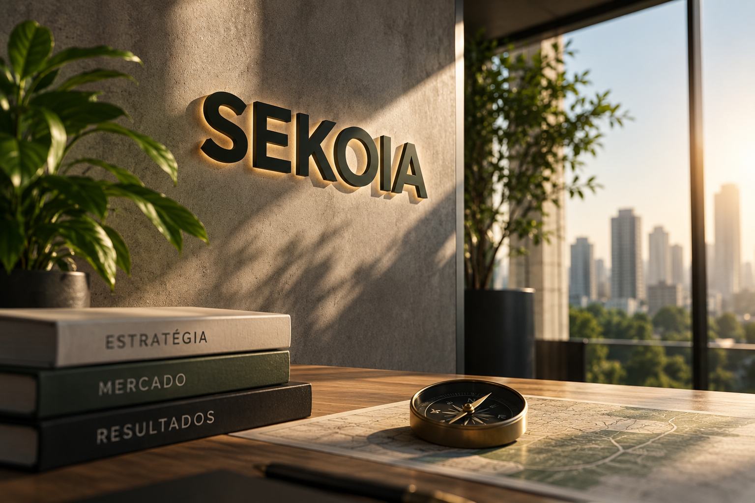 Ambiente de trabalho com a marca Sekoia, livros e uma bússola