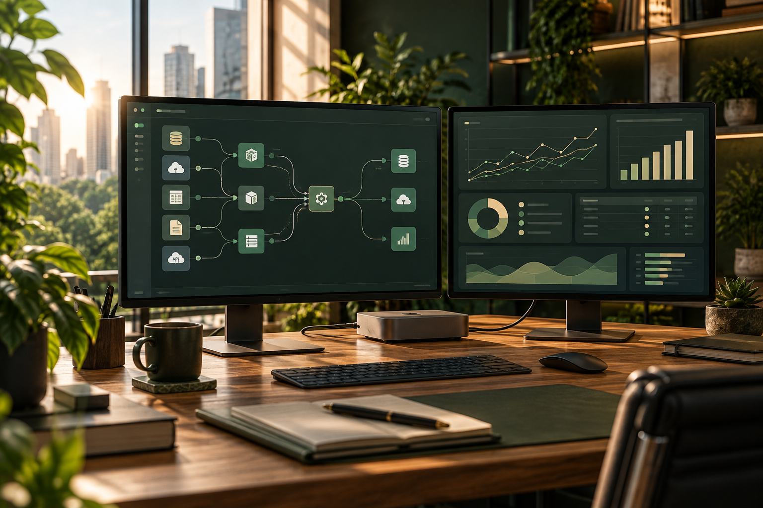 Monitores com fluxos de trabalho e painéis de análise