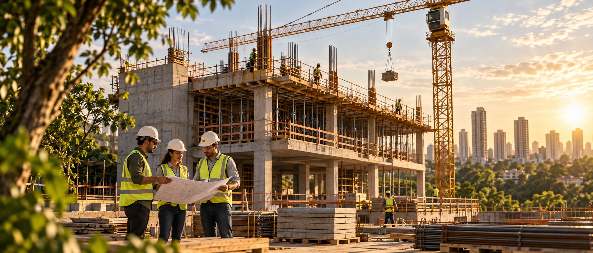 Profissionais de construção analisam um projeto diante de uma obra