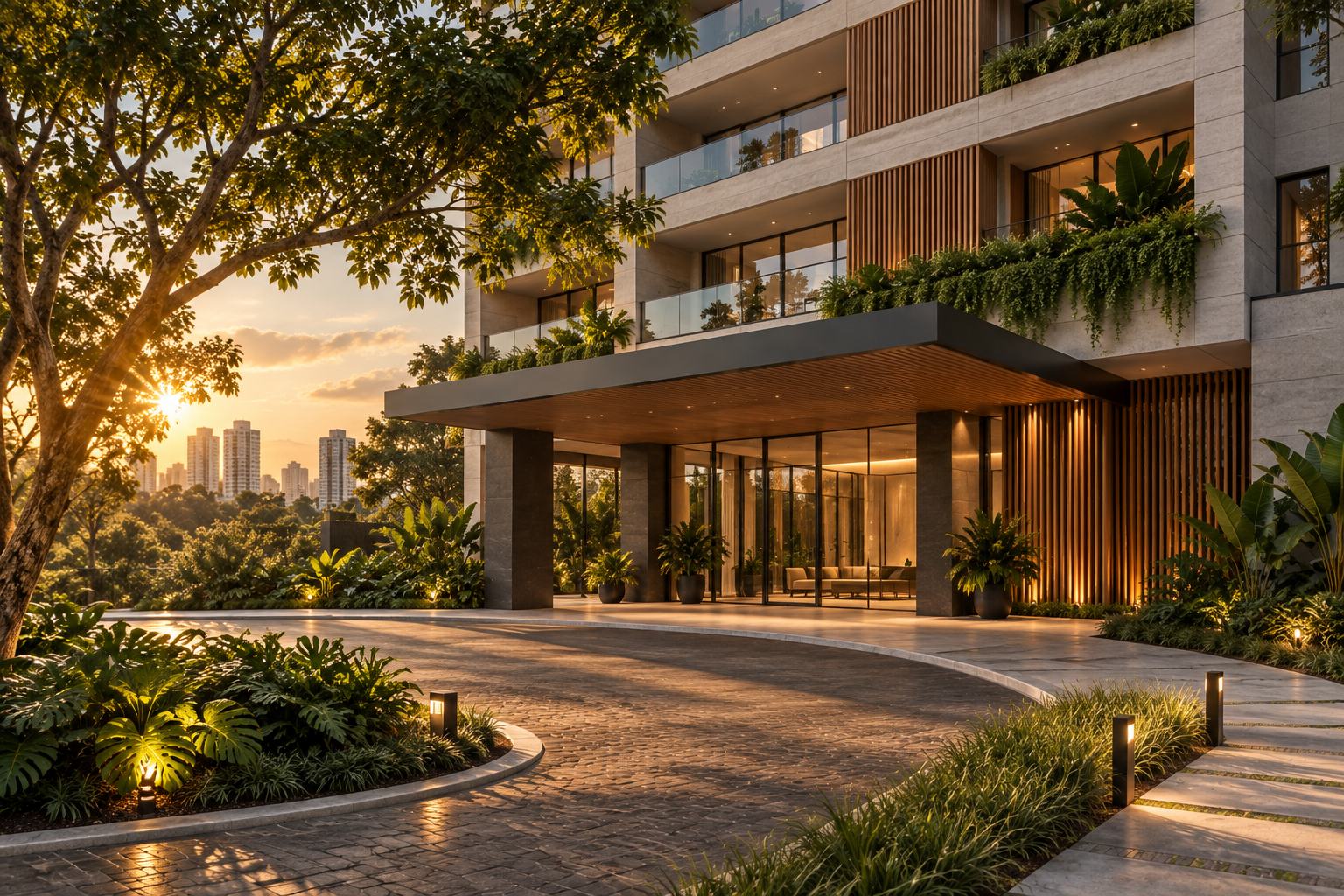Entrada de empreendimento residencial em área arborizada