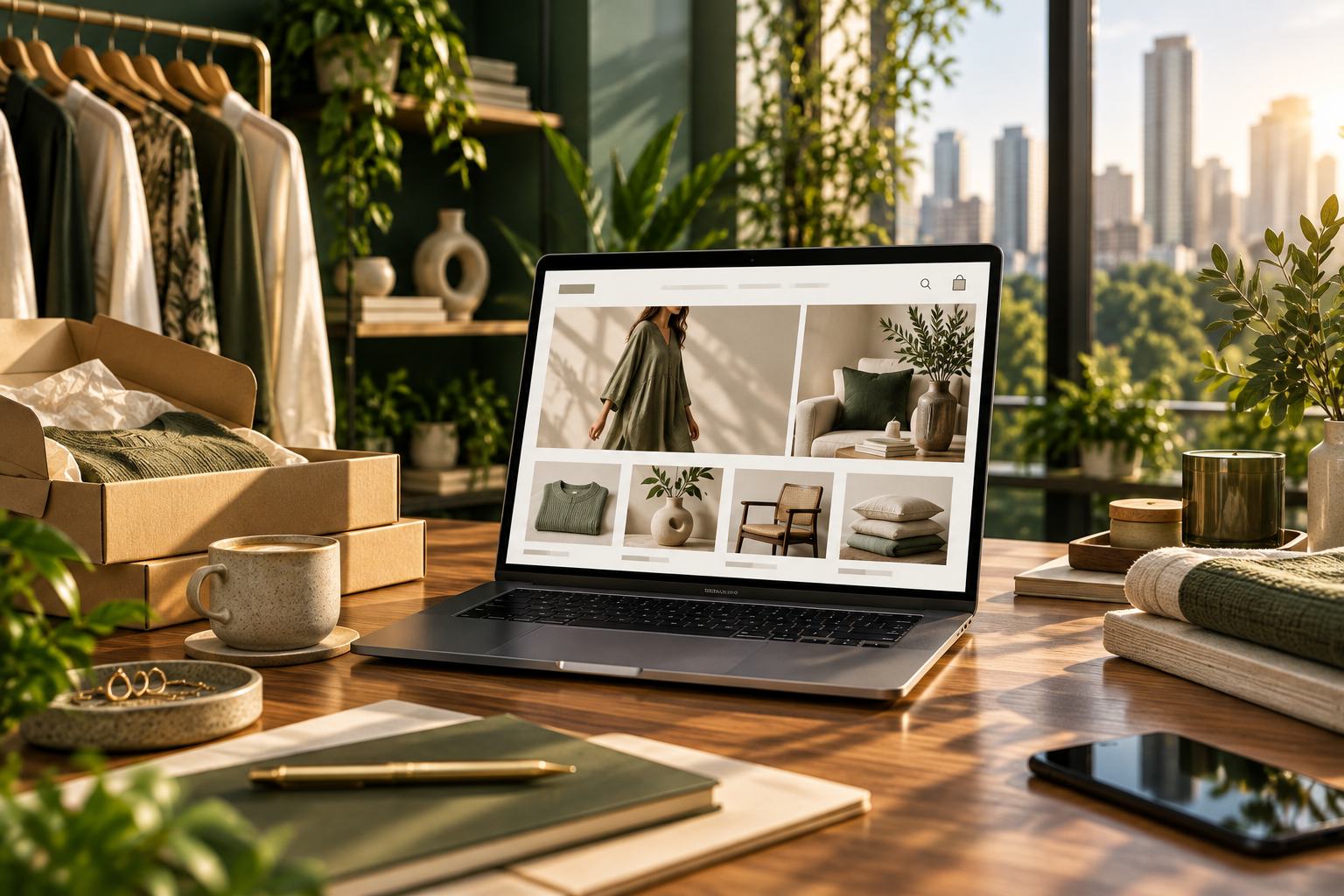 Produtos e loja virtual em uma mesa de trabalho